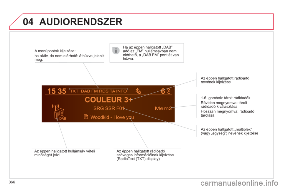 CITROEN C4 2015 Kezelési útmutató (in Hungarian) 04
C4-2_hu_Chap13c_RD5_ed01-2015
C4-2_hu_Chap13c_RD5_ed01-2015
AUDIORENDSZER
366A menüpontok kijelzése:
ha aktív, de nem elérhető: áthúzva jelenik
meg.
1-6. gombok: tárolt rádióadók
Rövid CITROEN C4 2015 Kezelési útmutató (in Hungarian) 04
C4-2_hu_Chap13c_RD5_ed01-2015
C4-2_hu_Chap13c_RD5_ed01-2015
AUDIORENDSZER
366A menüpontok kijelzése:
ha aktív, de nem elérhető: áthúzva jelenik
meg.
1-6. gombok: tárolt rádióadók
Rövid