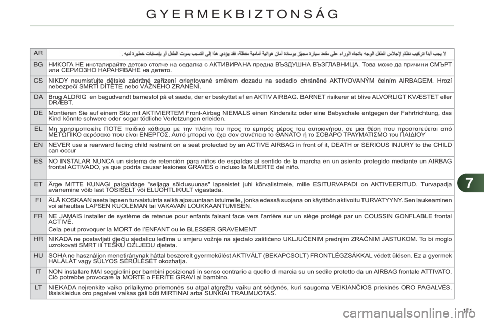 CITROEN C4 2014  Kezelési útmutató (in Hungarian) 77
aR
BG
НИКОГА НЕ инсталирайте детско столче на седалка с АКТИВИРАНА предна ВЪЗДУШНА ВЪЗГЛАВНИЦА. Това може да 