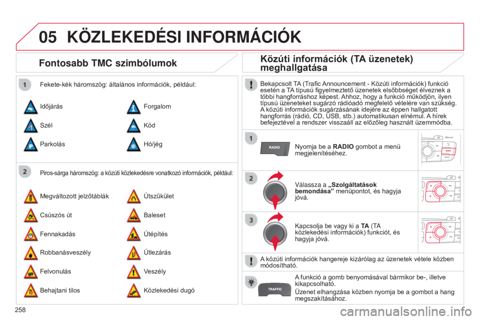 CITROEN C4 2014  Kezelési útmutató (in Hungarian) 05
258
C4-2_hu_Chap13b_RT6_ed01-2014
KÖZLEKEDÉSI INFORMÁCIÓK
Fontosabb TMC szimbólumok
Piros-sárga háromszög: a közúti közlekedésre vonatkozó információk, például:
Fekete-kék hároms