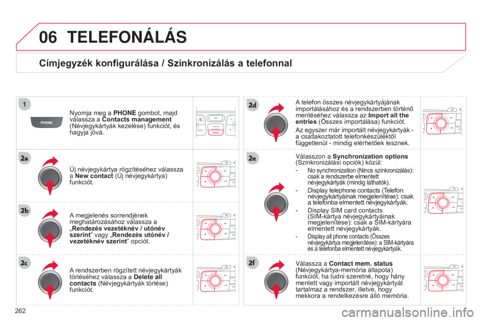 CITROEN C4 2014  Kezelési útmutató (in Hungarian) 06
262
C4-2_hu_Chap13b_RT6_ed01-2014
TELEFONÁLÁS
címjegyzék konfigurálása / Szinkronizálás a telefonnal
Nyomja meg a PHONE gombot, majd 
válassza a  c ontacts management  
(Névjegykártyák 