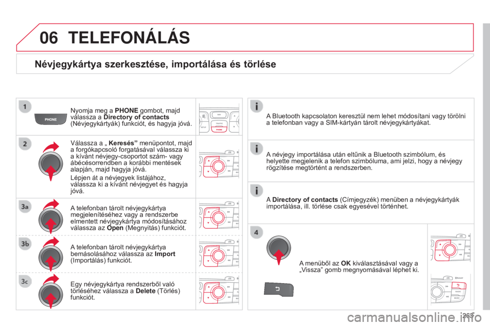 CITROEN C4 2014  Kezelési útmutató (in Hungarian) 06
263
C4-2_hu_Chap13b_RT6_ed01-2014
Névjegykártya szerkesztése, importálása és törlése
Nyomja meg a PHONE gombot, majd 
válassza a Directory of contacts 
(Névjegykártyák) funkciót, és h
