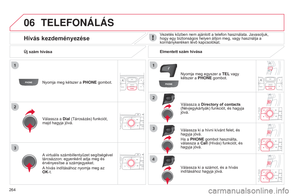 CITROEN C4 2014  Kezelési útmutató (in Hungarian) 06
264
C4-2_hu_Chap13b_RT6_ed01-2014
TELEFONÁLÁS
Nyomja meg kétszer a PHONE gombot.
v

álassza a Dial (Tárcsázás) funkciót, 
majd hagyja jóvá.
v

álassza a Directory of contacts 
(Névjegyk