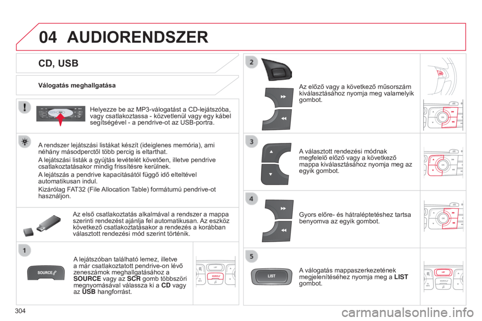 CITROEN C4 2014  Kezelési útmutató (in Hungarian) 04
304
C4-2_hu_Chap13c_RD5_ed01-2014
cD, USB
AUDIORENDSZER
Válogatás meghallgatásaHelyezze be az MP3-válogatást a CD-lejátszóba, 
vagy csatlakoztassa - közvetlenül vagy egy kábel 
segítség