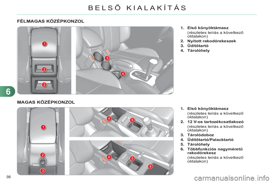 CITROEN C4 2014 Kezelési útmutató (in Hungarian) 98
C4-2_hu_Chap06_amenagement_ed01-2014
FÉLMAGAS KÖZÉPKONZOL
1. Első könyöktámasz
(részletes leírás a következő
oldalakon)
2.
Nyitott rakodórekeszek
3.
ü
dítőtartó
4.
Tárol CITROEN C4 2014 Kezelési útmutató (in Hungarian) 98
C4-2_hu_Chap06_amenagement_ed01-2014
FÉLMAGAS KÖZÉPKONZOL
1. Első könyöktámasz
(részletes leírás a következő
oldalakon)
2.
Nyitott rakodórekeszek
3.
ü
dítőtartó
4.
Tárol