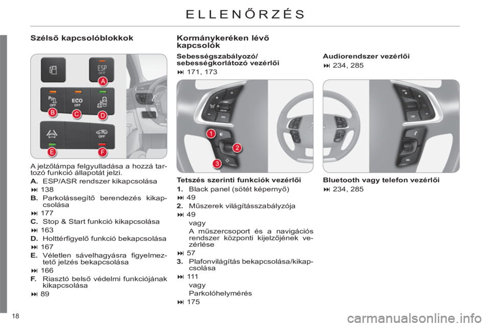 CITROEN C4 2013  Kezelési útmutató (in Hungarian) 18 
  ELLENŐRZÉS
 
 
Szélső kapcsolóblokkok   
Kormánykeréken lévő
kapcsolók
   
Sebességszabályozó/
sebességkorlátozó vezérlői 
   
 
� 
 171, 173  
 
   
Tetszés szerinti funkci�