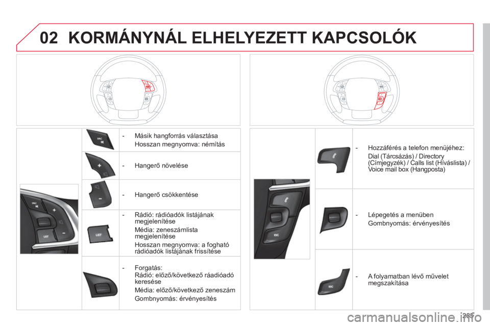 CITROEN C4 2013 Kezelési útmutató (in Hungarian) 02
285
KORMÁNYNÁL ELHELYEZETT KAPCSOLÓK
- Másik hangforrás választása
Hosszan me
gnyomva: némítás
- Han
gerő növelése
- Han
gerő csökkentése
- Rád CITROEN C4 2013 Kezelési útmutató (in Hungarian) 02
285
KORMÁNYNÁL ELHELYEZETT KAPCSOLÓK
- Másik hangforrás választása
Hosszan me
gnyomva: némítás
- Han
gerő növelése
- Han
gerő csökkentése
- Rád