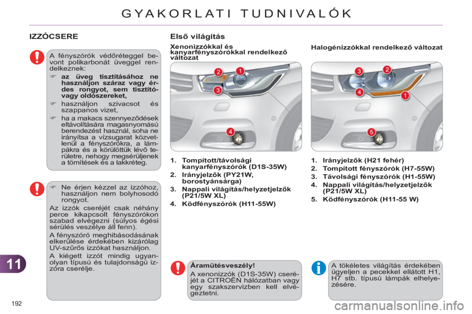 CITROEN C4 2011  Kezelési útmutató (in Hungarian) 11
GYA KORLATI TUDNIVALÓK
192 
IZZÓCSERE 
  A fényszórók védőréteggel be-
vont polikarbonát üveggel ren-
delkeznek: 
   
 
�) 
  az üveg tisztításához ne 
használjon száraz vagy ér-
d