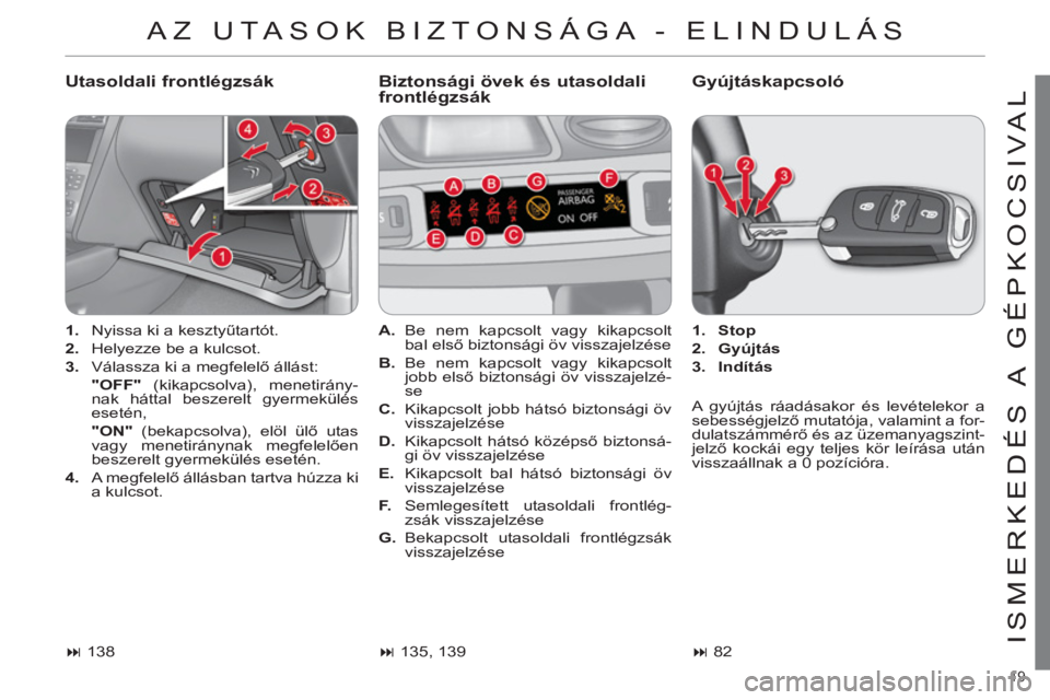 CITROEN C4 2011  Kezelési útmutató (in Hungarian) 19 
ISMERKEDÉS A  GÉPKOCSIVAL
  AZ UTASOK BIZTONSÁGA - ELINDULÁS 
 
 
Utasoldali frontlégzsák   
Biztonsági övek és utasoldali 
frontlégzsákGyújtáskapcsoló
   
 
1. 
  Nyissa ki a keszty