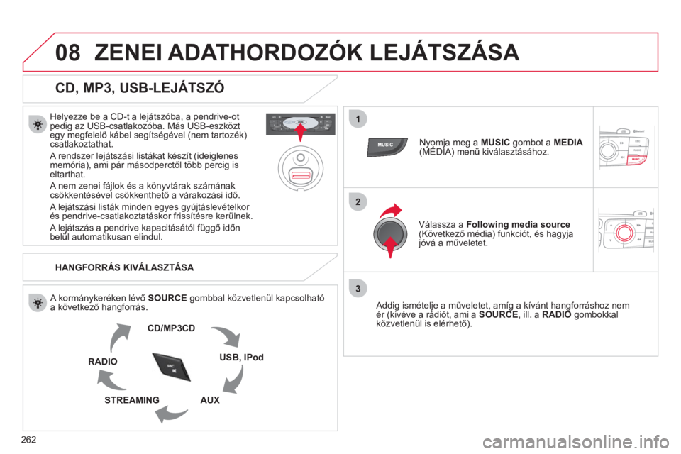 CITROEN C4 2011  Kezelési útmutató (in Hungarian) 262
08
1
2
3
ZENEI ADATHORDOZÓK LEJÁTSZÁSA 
   
CD, MP3, USB-LEJÁTSZÓ 
 
 
Helyezze be a CD-t a lejátszóba, a pendrive-otpedig az USB-csatlakozóba. Más USB-eszköztegy megfelelő kábel segí