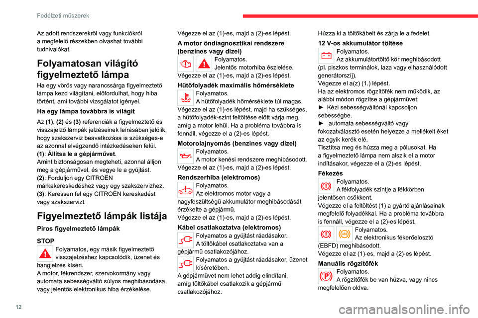 CITROEN C4 2021 Kezelési útmutató (in Hungarian) 12
Fedélzeti műszerek
Az adott rendszerekről vagy funkciókról
a megfelelő részekben olvashat további
tudnivalókat.
Folyamatosan világító
figyelmeztető lámpa
Ha egy vörös vagy naranc CITROEN C4 2021 Kezelési útmutató (in Hungarian) 12
Fedélzeti műszerek
Az adott rendszerekről vagy funkciókról
a megfelelő részekben olvashat további
tudnivalókat.
Folyamatosan világító
figyelmeztető lámpa
Ha egy vörös vagy naranc
