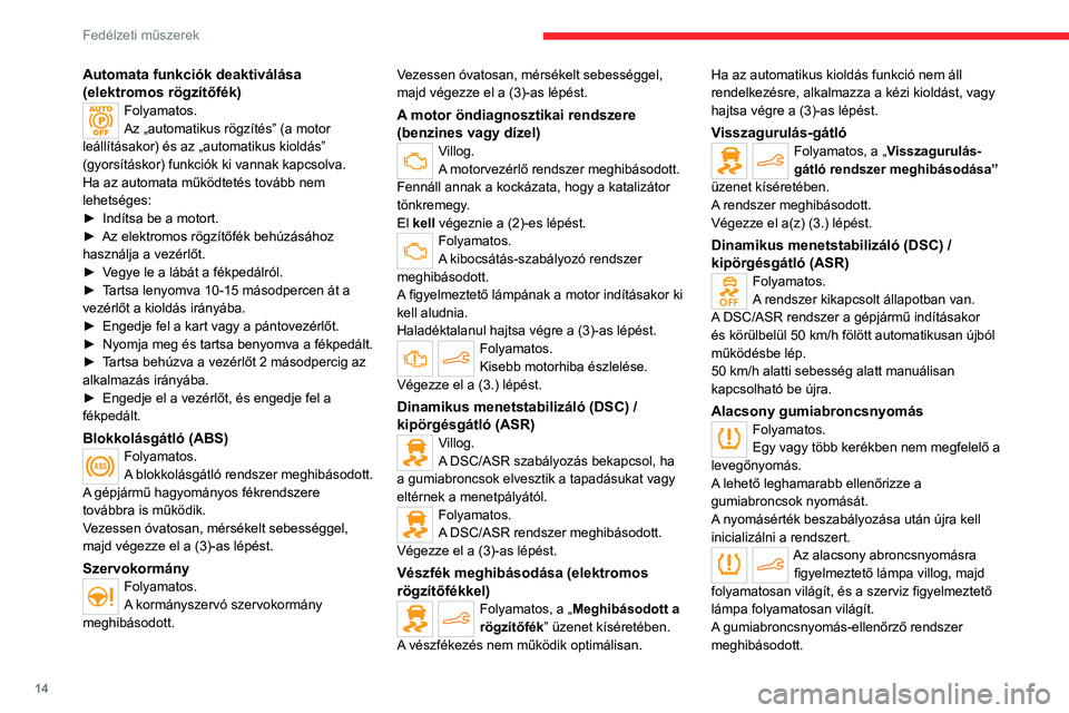 CITROEN C4 2021 Kezelési útmutató (in Hungarian) 14
Fedélzeti műszerek
Automata funkciók deaktiválása
(elektromos rögzítőfék)
Folyamatos.
Az „automatikus rögzítés” (a motor
leállításakor) és az „automatikus kioldás”
(gyor CITROEN C4 2021 Kezelési útmutató (in Hungarian) 14
Fedélzeti műszerek
Automata funkciók deaktiválása
(elektromos rögzítőfék)
Folyamatos.
Az „automatikus rögzítés” (a motor
leállításakor) és az „automatikus kioldás”
(gyor