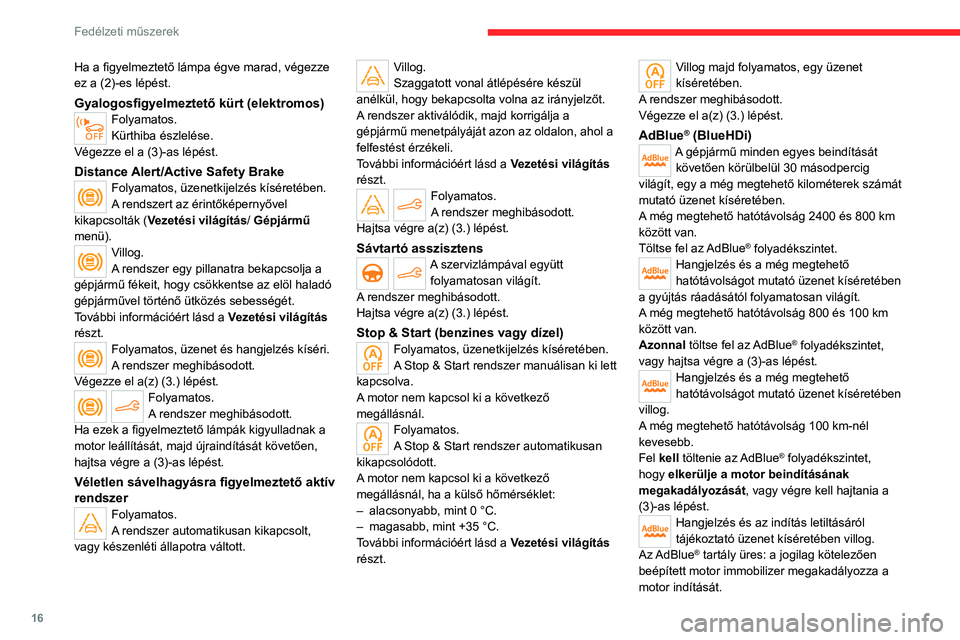 CITROEN C4 2021 Kezelési útmutató (in Hungarian) 16
Fedélzeti műszerek
Ha a figyelmeztető lámpa égve marad, végezze
ez a (2)-es lépést.
Gyalogosfigyelmeztető kürt (elektromos)Folyamatos.
Kürthiba észlelése.
Végezze el a (3)-as lépé CITROEN C4 2021 Kezelési útmutató (in Hungarian) 16
Fedélzeti műszerek
Ha a figyelmeztető lámpa égve marad, végezze
ez a (2)-es lépést.
Gyalogosfigyelmeztető kürt (elektromos)Folyamatos.
Kürthiba észlelése.
Végezze el a (3)-as lépé