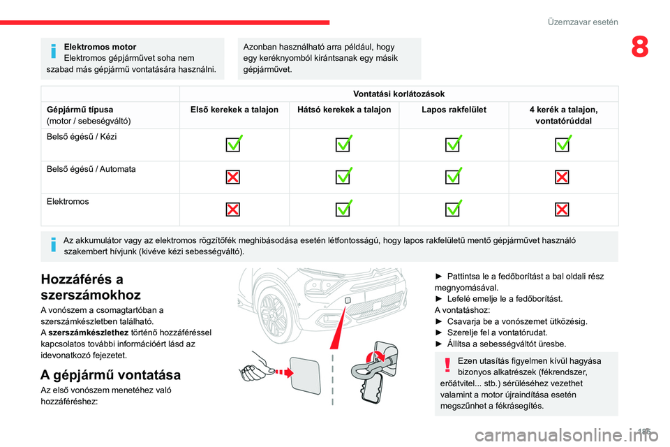 CITROEN C4 2021 Kezelési útmutató (in Hungarian) 185
Üzemzavar esetén
8Elektromos motor
Elektromos gépjárművet soha nem
szabad más gépjármű vontatására használni.Azonban használható arra például, hogy
egy keréknyomból kirántsana CITROEN C4 2021 Kezelési útmutató (in Hungarian) 185
Üzemzavar esetén
8Elektromos motor
Elektromos gépjárművet soha nem
szabad más gépjármű vontatására használni.Azonban használható arra például, hogy
egy keréknyomból kirántsana