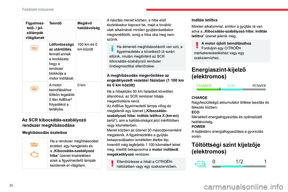 CITROEN C4 2021 Kezelési útmutató (in Hungarian) 20
Fedélzeti műszerek
A nagyfeszültségű akkumulátor aktuális
töltöttségi állapota és a fennmaradó
hatótávolság folyamatosan megjelenik a
gépjármű beindításakor.
Levett gyújtá CITROEN C4 2021 Kezelési útmutató (in Hungarian) 20
Fedélzeti műszerek
A nagyfeszültségű akkumulátor aktuális
töltöttségi állapota és a fennmaradó
hatótávolság folyamatosan megjelenik a
gépjármű beindításakor.
Levett gyújtá