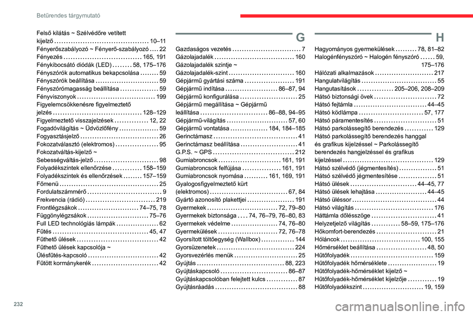 CITROEN C4 2021  Kezelési útmutató (in Hungarian) 232
Betűrendes tárgymutató
Felső kilátás ~ Szélvédőre vetített  
kijelző    
10–11
Fényerőszabályozó ~ Fényerő-szabályozó
    
22
Fényezés
    
165, 191
Fénykibocsátó diódá