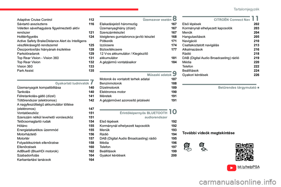 CITROEN C4 2021  Kezelési útmutató (in Hungarian) 3
Tartalomjegyzék
  
  
 
 
 
 
Adaptive Cruise Control  11 2
Sávtartó asszisztens  11 6
Véletlen sávelhagyásra figyelmeztető aktív   
rendszer 
 121
Holttérfigyelés  124
Active Safety Brake