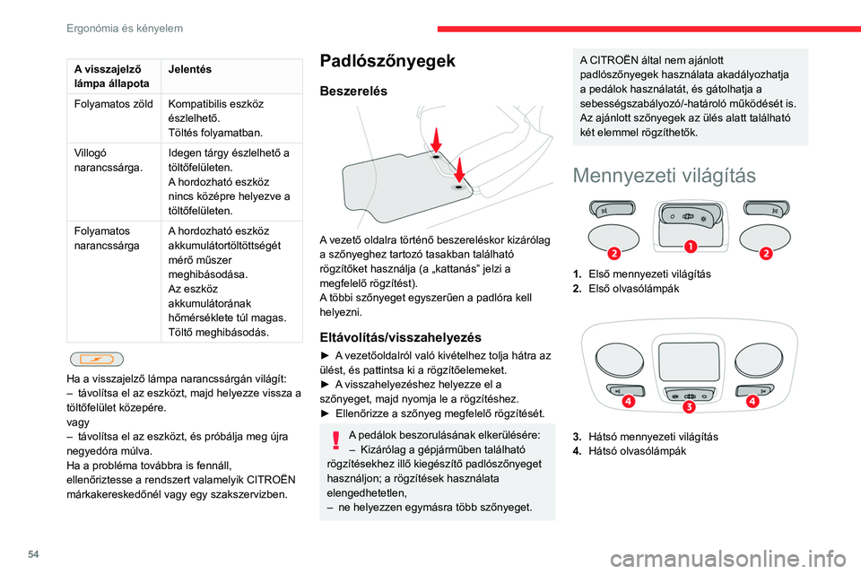 CITROEN C4 2021  Kezelési útmutató (in Hungarian) 54
Ergonómia és kényelem
A visszajelző 
lámpa állapotaJelentés
Folyamatos zöld Kompatibilis eszköz 
észlelhető.
Töltés folyamatban.
Villogó 
narancssárga. Idegen tárgy észlelhető a 
