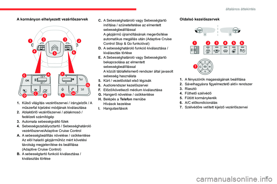 CITROEN C4 2021  Kezelési útmutató (in Hungarian) 5
általános áttekintés
A kormányon elhelyezett vezérlőszervek 
 
1.Külső világítás vezérlőszervei / irányjelzők   / A 
műszerfal kijelzési módjának kiválasztása
2. Ablaktörlő v