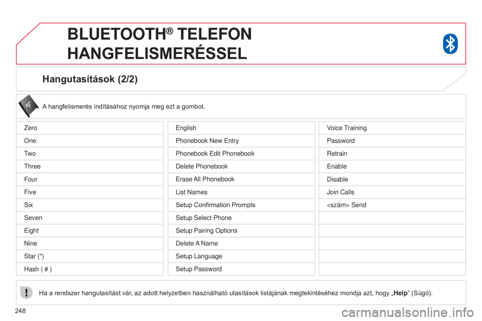 CITROEN C4 AIRCROSS 2016 Kezelési útmutató (in Hungarian) 248
Hangutasítások (2/2)
A hangfelismerés indításához nyomja meg ezt a gombot.
Ha a rendszer hangutasítást vár, az adott helyzetben használható utasítások listájának megtekintéséhez m CITROEN C4 AIRCROSS 2016 Kezelési útmutató (in Hungarian) 248
Hangutasítások (2/2)
A hangfelismerés indításához nyomja meg ezt a gombot.
Ha a rendszer hangutasítást vár, az adott helyzetben használható utasítások listájának megtekintéséhez m