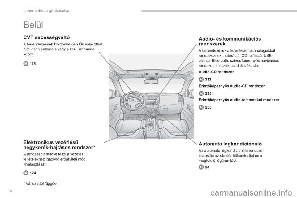 CITROEN C4 AIRCROSS 2014  Kezelési útmutató (in Hungarian) 8
Ismerkedés a gépkocsival
  Belül  
 
 
Elektronikus vezérlésű 
négykerék-hajtásos rendszer *  
 
A rendszer lehetővé teszi a vezetési 
feltételekhez igazodó erőátviteli mód 
kivála
