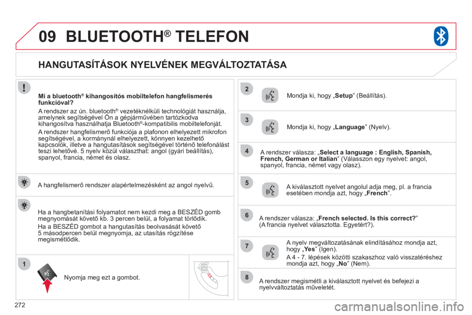 CITROEN C4 AIRCROSS 2013 Kezelési útmutató (in Hungarian) 272
1
2
3
09
4
5
6
7
8
HANGUTASÍTÁSOK NYELVÉNEK MEGVÁLTOZTATÁSA
BLUETOOTH®
TELEFON®
A hangfelismerő rendszer alapértelmezésként az angol nyelvű.
N
yo CITROEN C4 AIRCROSS 2013 Kezelési útmutató (in Hungarian) 272
1
2
3
09
4
5
6
7
8
HANGUTASÍTÁSOK NYELVÉNEK MEGVÁLTOZTATÁSA
BLUETOOTH®
TELEFON®
A hangfelismerő rendszer alapértelmezésként az angol nyelvű.
N
yo