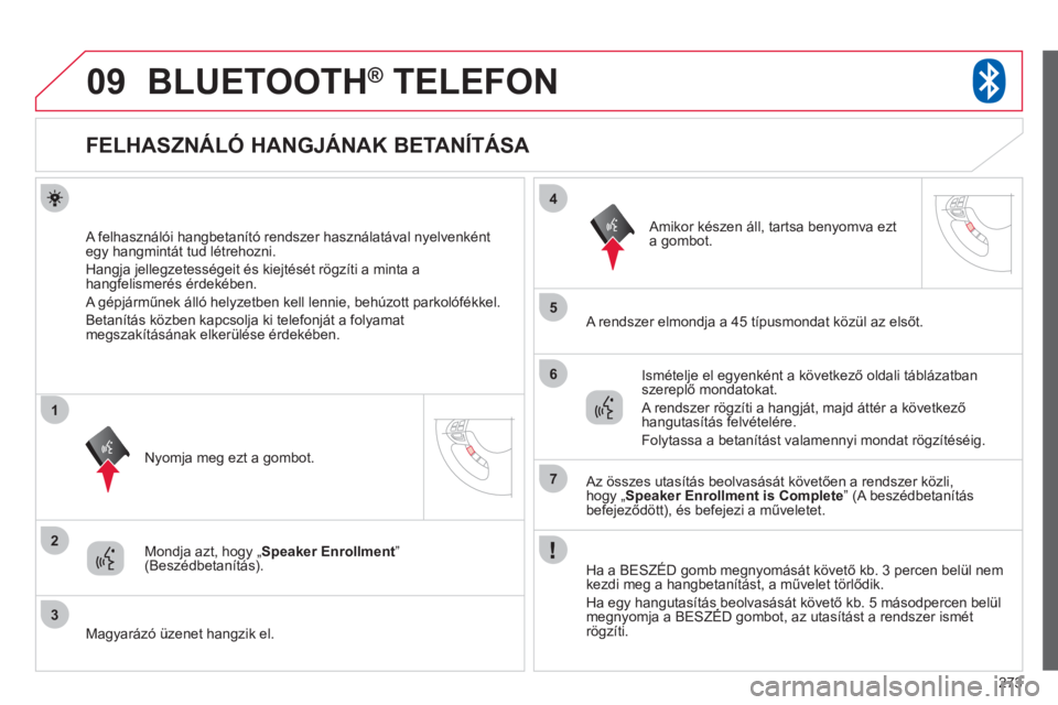 CITROEN C4 AIRCROSS 2013 Kezelési útmutató (in Hungarian) 273
09
2
3
1
4
5
6
7
BLUETOOTH® TELEFON®
FELHASZNÁLÓ HANGJÁNAK BETANÍTÁSA
A felhasználói hangbetanító rendszer használatával nyelvenkéntegy hangmint CITROEN C4 AIRCROSS 2013 Kezelési útmutató (in Hungarian) 273
09
2
3
1
4
5
6
7
BLUETOOTH® TELEFON®
FELHASZNÁLÓ HANGJÁNAK BETANÍTÁSA
A felhasználói hangbetanító rendszer használatával nyelvenkéntegy hangmint