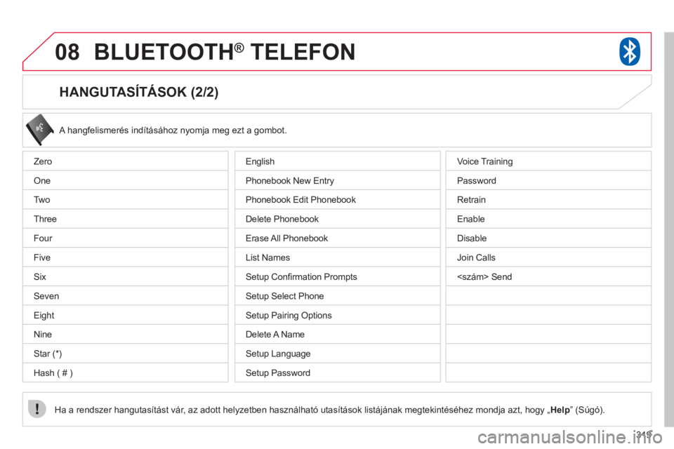 CITROEN C4 AIRCROSS 2013  Kezelési útmutató (in Hungarian) 319
08BLUETOOTH®   TELEFON®
   
HANGUTASÍTÁSOK (2/2) 
 A hangfelismerés indításához nyomja meg ezt a gombot.
Ha a rendszer hangutasítást vár, az adott helyzetben használható utasítások 