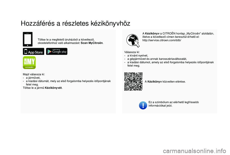 CITROEN C4 CACTUS 2019 Kezelési útmutató (in Hungarian) Hozzáférés a részletes kézikönyvhöz
A Kézikönyv a CITROËN honlap „MyCitroën” aloldalán,
illetve a következő címen keresztül érhető el:
http://service.citroen.com/ddb/
Ez a szimb CITROEN C4 CACTUS 2019 Kezelési útmutató (in Hungarian) Hozzáférés a részletes kézikönyvhöz
A Kézikönyv a CITROËN honlap „MyCitroën” aloldalán,
illetve a következő címen keresztül érhető el:
http://service.citroen.com/ddb/
Ez a szimb