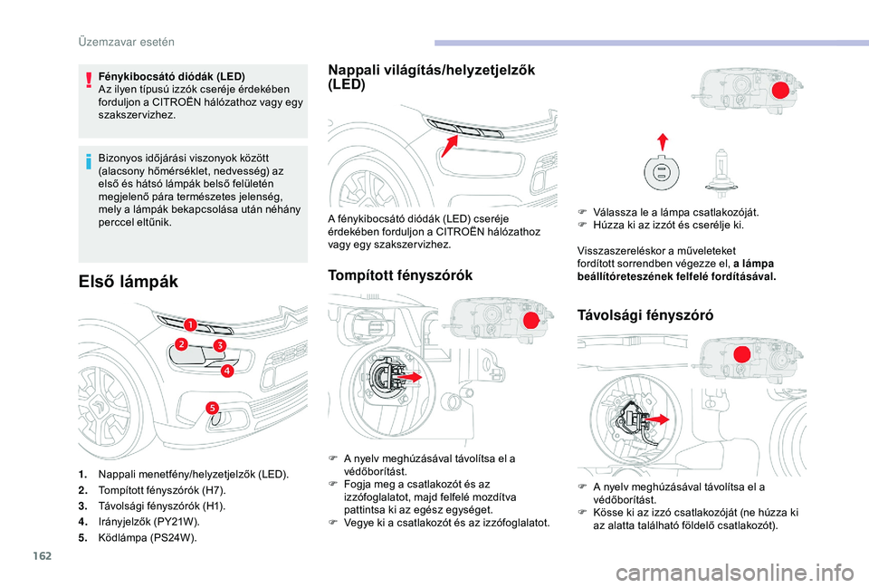CITROEN C4 CACTUS 2019  Kezelési útmutató (in Hungarian) 162
Fénykibocsátó diódák (LED)
Az ilyen típusú izzók cseréje érdekében 
forduljon a CITROËN hálózathoz vagy egy 
szakszervizhez.
Bizonyos időjárási viszonyok között 
(alacsony hőm