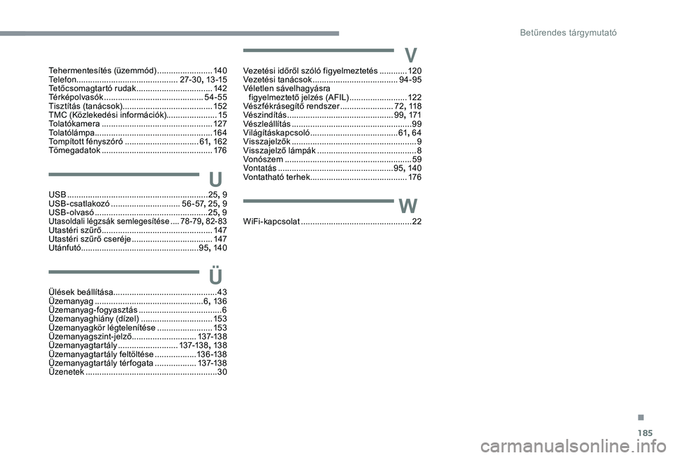 CITROEN C4 CACTUS 2019  Kezelési útmutató (in Hungarian) 185
Tehermentesítés (üzemmód) ........................14 0
Telefon ................ ............................ 27- 3 0, 13 -15
Tetőcsomagtartó rudak
 ................................. 14

2
T