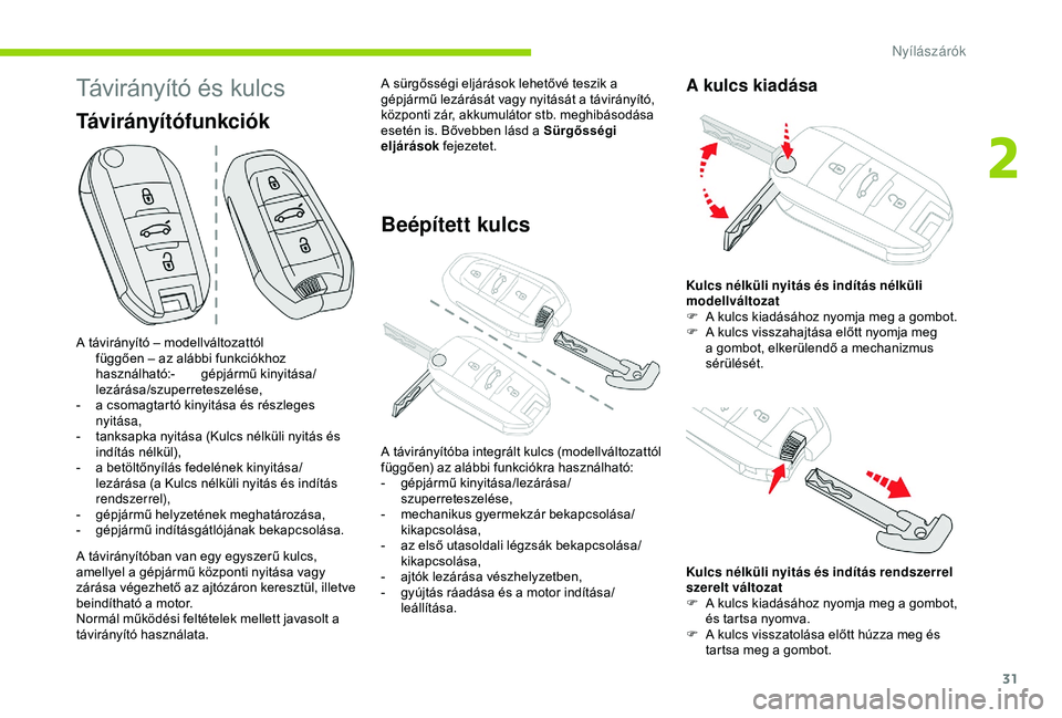 CITROEN C4 CACTUS 2019 Kezelési útmutató (in Hungarian) 31
Távirányító és kulcs
A távirányító – modellváltozattól függően – az alábbi funkciókhoz
használható:-
g
épjármű kinyitása/
lezárása/szuperreteszelése,
-
a c
somagta CITROEN C4 CACTUS 2019 Kezelési útmutató (in Hungarian) 31
Távirányító és kulcs
A távirányító – modellváltozattól függően – az alábbi funkciókhoz
használható:-
g
épjármű kinyitása/
lezárása/szuperreteszelése,
-
a c
somagta