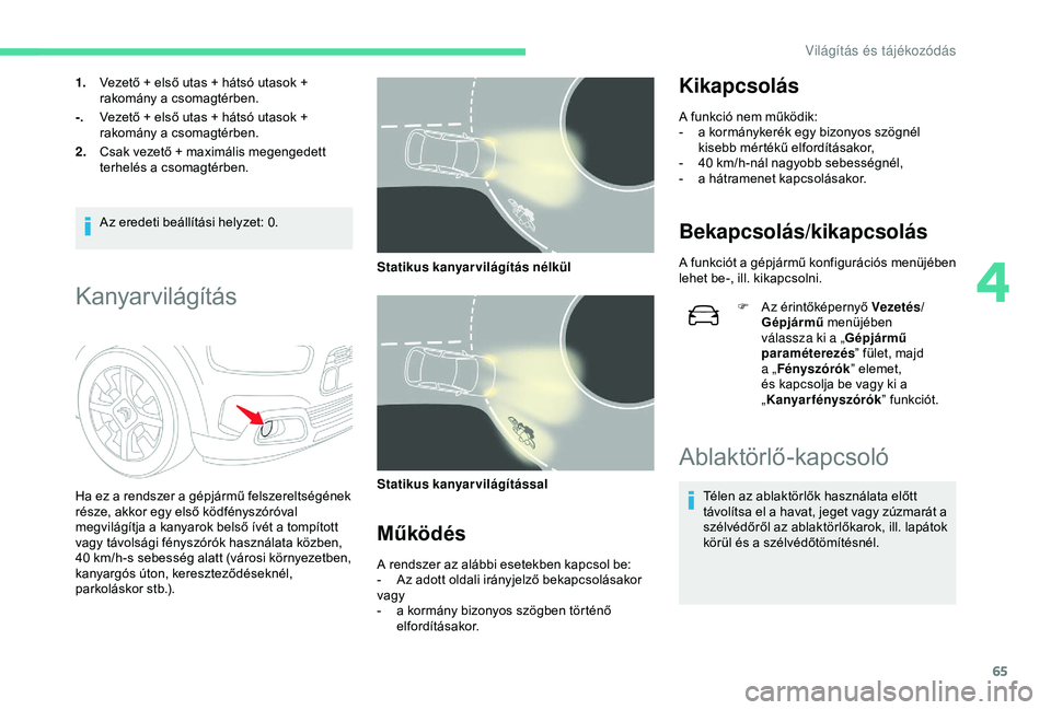 CITROEN C4 CACTUS 2019 Kezelési útmutató (in Hungarian) 65
1.Vezető + első utas + hátsó utasok +
rakomány a csomagtérben.
-. Vezető + első utas + hátsó utasok +
rakomány a csomagtérben.
2. Csak vezető + maximális megengedett
terhelés a cs CITROEN C4 CACTUS 2019 Kezelési útmutató (in Hungarian) 65
1.Vezető + első utas + hátsó utasok +
rakomány a csomagtérben.
-. Vezető + első utas + hátsó utasok +
rakomány a csomagtérben.
2. Csak vezető + maximális megengedett
terhelés a cs