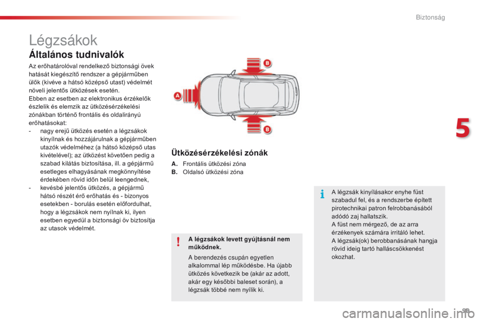 CITROEN C4 CACTUS 2018  Kezelési útmutató (in Hungarian) 99
C4-cactus_hu_Chap05_securite_ed01-2016
Légzsákok
Általános tudnivalók
Az erőhatárolóval rendelkező biztonsági övek 
hatását kiegészítő rendszer a gépjárműben 
ülők (kivéve a h
