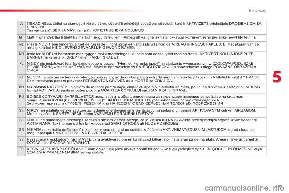 CITROEN C4 CACTUS 2018  Kezelési útmutató (in Hungarian) 109
LVNEK AD NEuzstādiet uz aizmuguri vērstu bērnu sēdeklīti priekšējā pasažiera sēdvietā, kurā ir AKTIVIZĒTS priekšējais DROŠĪBAS GAISA 
S P I LV E N S .
Tas var izraisīt BĒRNA NĀ