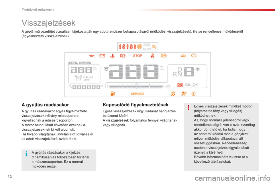 CITROEN C4 CACTUS 2018  Kezelési útmutató (in Hungarian) 12
C4 - cactus_hu_Chap01_instruments- de-bord_ed01-2016
Visszajelzések
Egyes visszajelzések mindkét módon 
(folyamatos fény vagy villogás) 
működhetnek.
Az, hogy normális jelenségről vagy 
