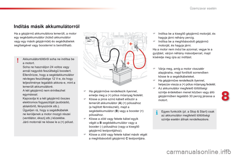 CITROEN C4 CACTUS 2018  Kezelési útmutató (in Hungarian) 213
C4-cactus_hu_Chap08_En-cas-de-panne_ed01-2016
Ha a gépjármű akkumulátora lemerült, a motor 
egy segédakkumulátor (külső akkumulátor 
vagy egy másik gépjárműé) és segédkábelek 
se