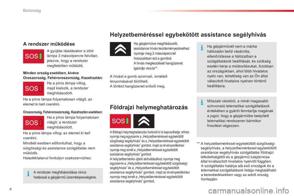 CITROEN C4 CACTUS 2018  Kezelési útmutató (in Hungarian) 4
Biztonság
  Helyzetbeméréssel egybekötött assistance segélyhívás  
  Ha gépjárművét nem a márka hálózatán belül vásárolta, ellenőriztesse a hálózatban a szolgáltatások beáll