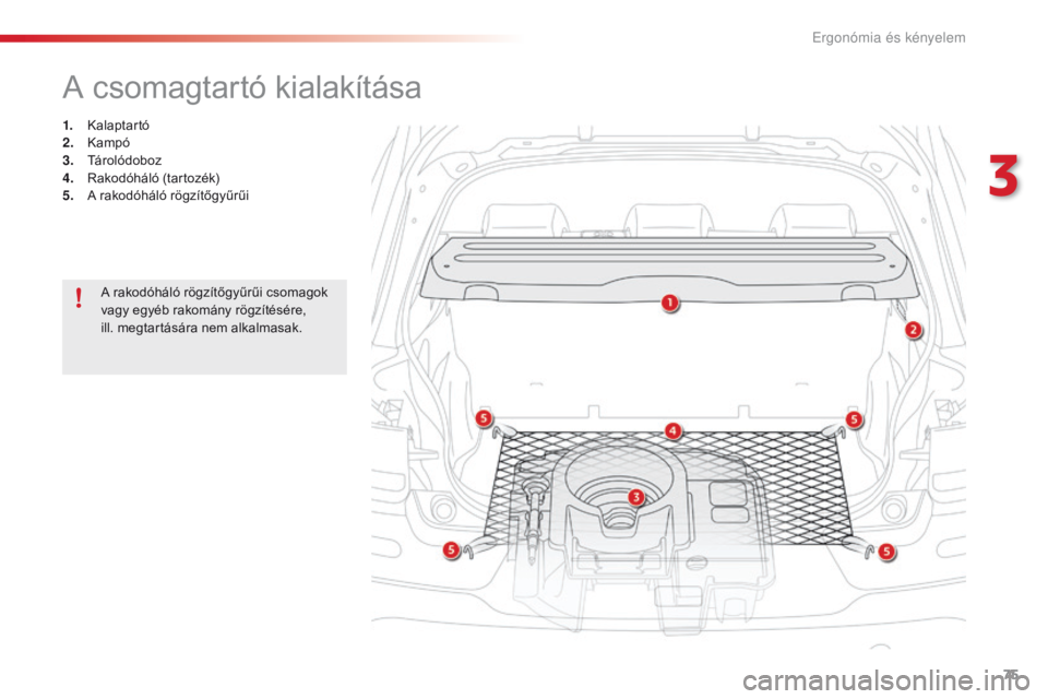 CITROEN C4 CACTUS 2018  Kezelési útmutató (in Hungarian) 75
C4-cactus_hu_Chap03_Ergonomie-et-confort_ed01-2016
A csomagtartó kialakítása
1. Kalaptartó
2. Kam pó
3.
 Tá

rolódoboz
4.
 Ra

kodóháló (tartozék)
5.
 A ra

kodóháló rögzítőgyűrű