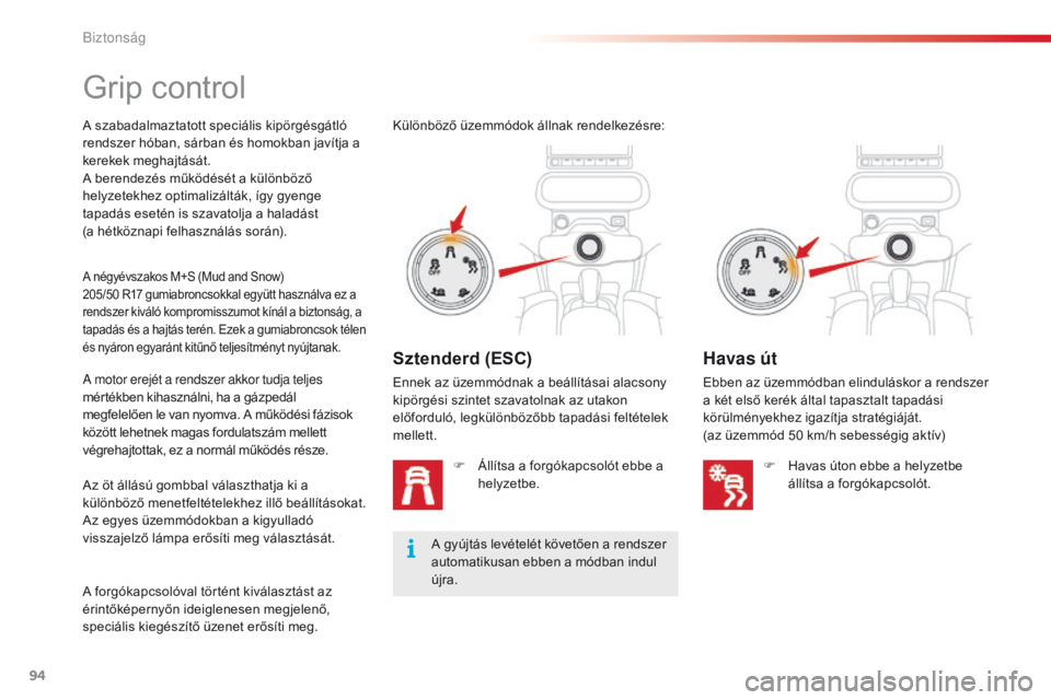 CITROEN C4 CACTUS 2018  Kezelési útmutató (in Hungarian) 94
C4-cactus_hu_Chap05_securite_ed01-2016
Grip control
A szabadalmaztatott speciális kipörgésgátló 
rendszer hóban, sárban és homokban javítja a 
kerekek meghajtását.
A berendezés működ�