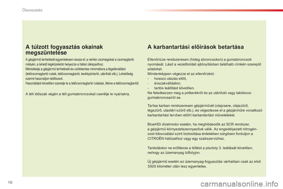 CITROEN C4 CACTUS 2016  Kezelési útmutató (in Hungarian) 10
C4-cactus_hu_Chap00c_eco-conduite_ed01-2015
A túlzott fogyasztás okainak 
megszüntetése
A gépjármű terhelését egyenletesen ossza el; a nehéz csomagokat a csomagtartó 
mélyén, a lehető