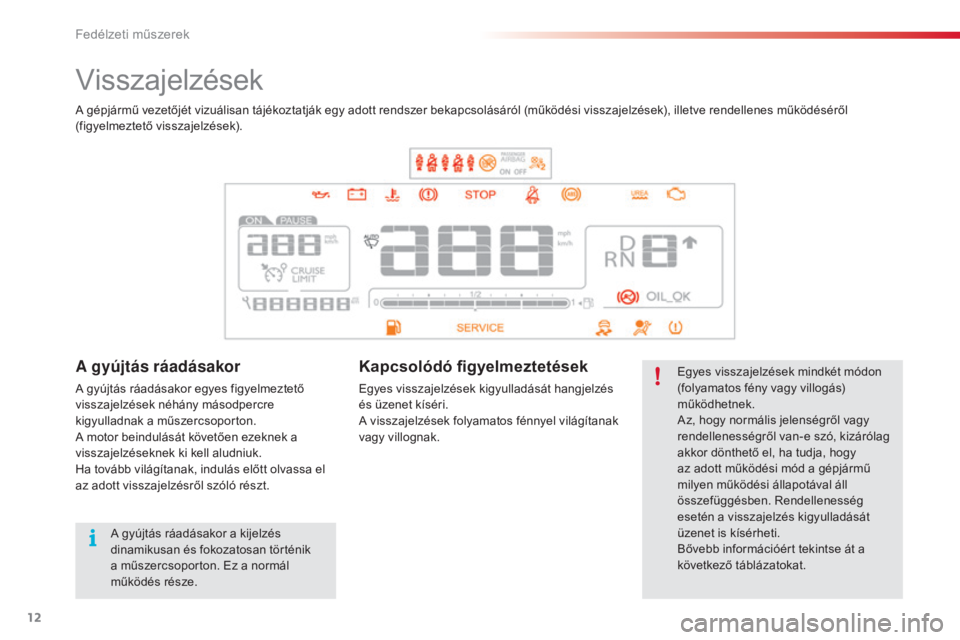 CITROEN C4 CACTUS 2016  Kezelési útmutató (in Hungarian) 12
C4 - cactus_hu_Chap01_instruments- de-bord_ed01-2015
Visszajelzések
Egyes visszajelzések mindkét módon 
(folyamatos fény vagy villogás) 
működhetnek.
Az, hogy normális jelenségről vagy 
