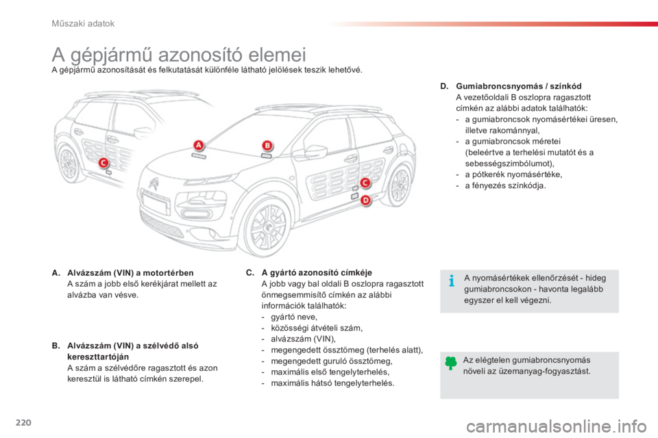 CITROEN C4 CACTUS 2016 Kezelési útmutató (in Hungarian) 220
C4-cactus_hu_Chap09_caracteristiques-techniques_ed01-2015
A gépjármű azonosító elemeiA gépjármű azonosítását és felkutatását különféle látható jelölések teszik lehetővé.
A.
CITROEN C4 CACTUS 2016 Kezelési útmutató (in Hungarian) 220
C4-cactus_hu_Chap09_caracteristiques-techniques_ed01-2015
A gépjármű azonosító elemeiA gépjármű azonosítását és felkutatását különféle látható jelölések teszik lehetővé.
A.