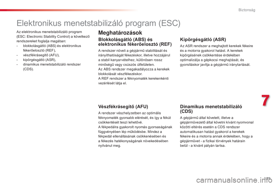 CITROEN C4 CACTUS 2015  Kezelési útmutató (in Hungarian) 129
C4-cactus_hu_Chap07_securite_ed02-2014
Az elektronikus menetstabilizáló program 
(ESC: Electronic Stability Control) a következő 
rendszereket foglalja magában:
- 
b
 lokkolásgátló (ABS) �