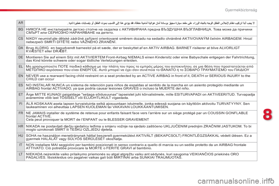 CITROEN C4 CACTUS 2015  Kezelési útmutató (in Hungarian) 145
aR
BG
НИКОГА НЕ инсталирайте детско столче на седалка с АКТИВИРАНА предна ВЪЗДУШНА ВЪЗГЛАВНИЦ А. Това може да