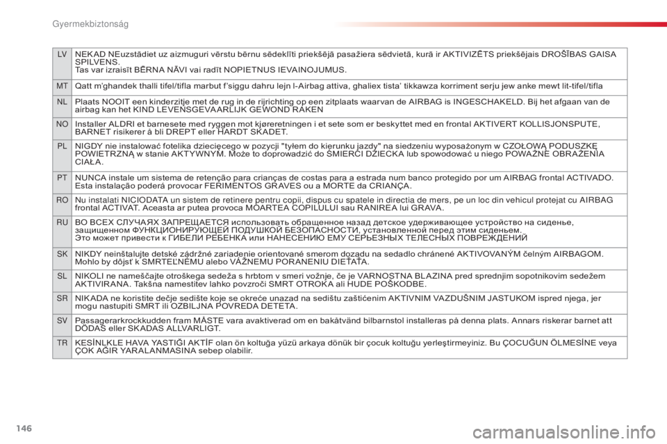 CITROEN C4 CACTUS 2015 Kezelési útmutató (in Hungarian) 146
lVNEK AD NEuzstādiet uz aizmuguri vērstu bērnu sēdeklīti priekšējā pasažiera sēdvietā, kurā ir AKTIVIZĒTS priekšējais DROŠĪBAS GAISA
S P I LV E N S .
Tas var izraisīt BĒRNA NĀ CITROEN C4 CACTUS 2015 Kezelési útmutató (in Hungarian) 146
lVNEK AD NEuzstādiet uz aizmuguri vērstu bērnu sēdeklīti priekšējā pasažiera sēdvietā, kurā ir AKTIVIZĒTS priekšējais DROŠĪBAS GAISA
S P I LV E N S .
Tas var izraisīt BĒRNA NĀ