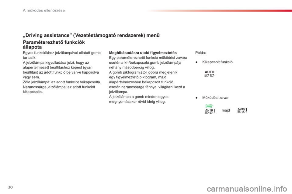 CITROEN C4 CACTUS 2015  Kezelési útmutató (in Hungarian) 30
Paraméterezhető funkciók 
állapota
Meghibásodásra utaló figyelmeztetés
Egy paraméterezhető funkció működési zavara 
esetén a ki-/bekapcsoló gomb jelzőlámpája 
néhány másodperc
