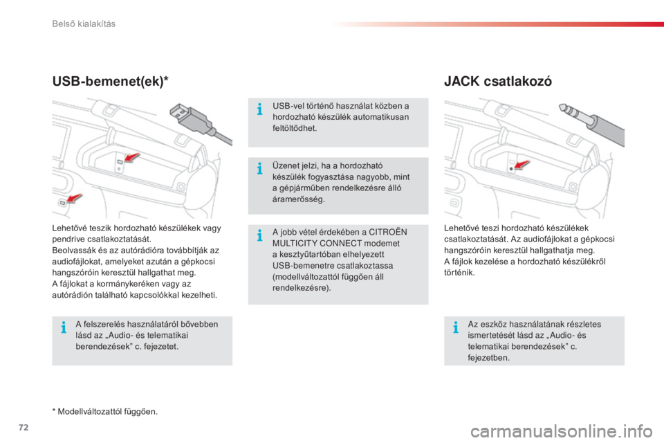 CITROEN C4 CACTUS 2015  Kezelési útmutató (in Hungarian) 72
C4-cactus_hu_Chap04_amenagements_ed02-2014
JACK csatlakozó
USB-bemenet(ek)*
a jobb vétel érdekében a Ci tR OËN mul
tiCi tY  CONNeCt m odemet 
a kesztyűtartóban elhelyezett 
usB

-bemenetre c
