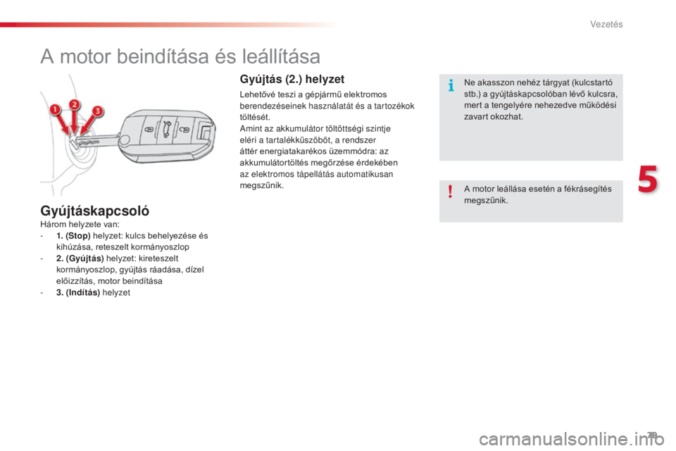 CITROEN C4 CACTUS 2015  Kezelési útmutató (in Hungarian) 79
C4-cactus_hu_Chap05_conduite_ed02-2014
A motor beindítása és leállítása
Három helyzete van:
- 1.  (Stop)  helyzet: kulcs behelyezése és 
kihúzása, reteszelt kormányoszlop
-
 
2
 . (Gyú