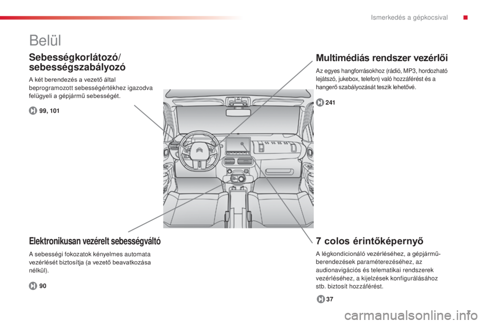 CITROEN C4 CACTUS 2014  Kezelési útmutató (in Hungarian) 7
E3_hu_Chap00b_prise-en-main_ed01-2014
Belül
7 colos érintőképernyő
37
241
Multimédiás rendszer vezérlői
Elektronikusan vezérelt sebességváltó
90
Sebességkorlátozó/
sebességszabályo