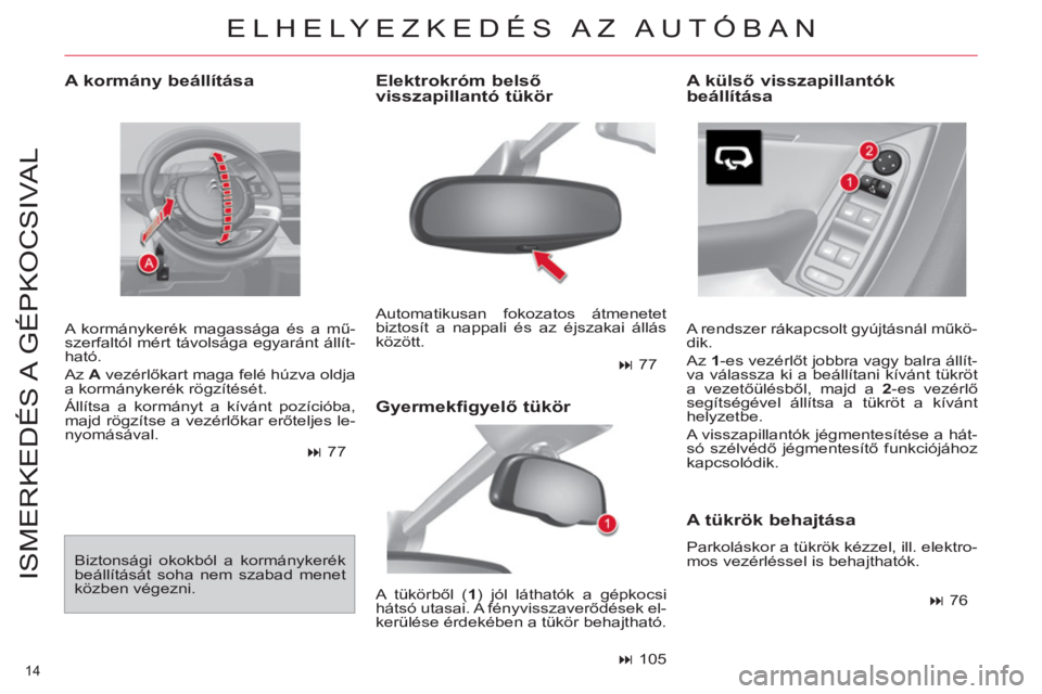 CITROEN C4 PICASSO 2013 Kezelési útmutató (in Hungarian) 14
ISMERKEDÉS A GÉPKOCSIVAL
A kormány beállítása
A kormánykerék magassága és a mű-
szerfaltól mért távolsága egyaránt állít-
ható.
Az A
vezérlőkart maga felé húzv CITROEN C4 PICASSO 2013 Kezelési útmutató (in Hungarian) 14
ISMERKEDÉS A GÉPKOCSIVAL
A kormány beállítása
A kormánykerék magassága és a mű-
szerfaltól mért távolsága egyaránt állít-
ható.
Az A
vezérlőkart maga felé húzv